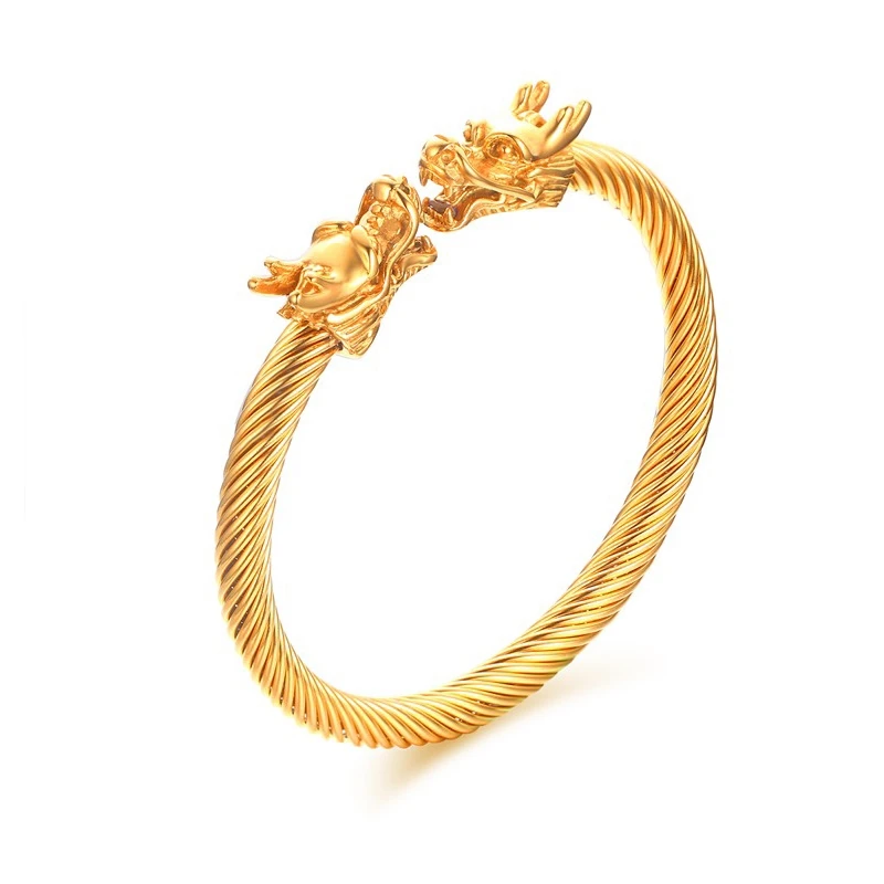 

Cool Men Double Dragon Heads Cuff Bracelet Bangle Gold Color Stainless Steel Wire Adjustable Bangle Men Gift B229