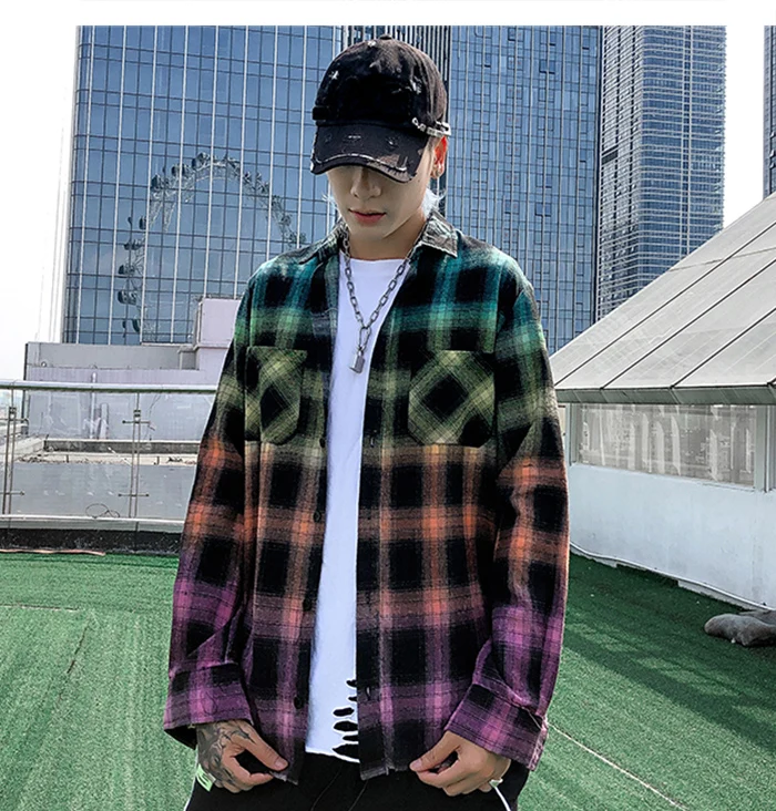 Градиент цвета радуги клетчатые хлопковые рубашки уличная одежда повседневный