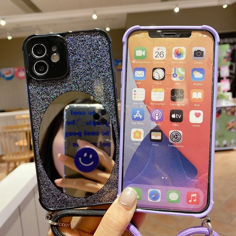 

Loose powder mirror hanging rope mobile phone protective case For iPhone 12 12pro 12pro Max 12mini 11 11pro 11pro Max XS Max 7p