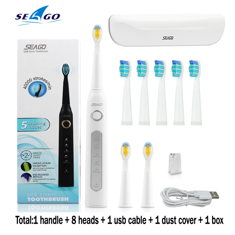 White with box Звуковая электрическая зубная щетка SG-507 для взрослых с таймером отбеливающая щетка для зубов 5 режимов USB перезаряжаемые сменные головки зубных щеток подарок - Цвет: White with box
