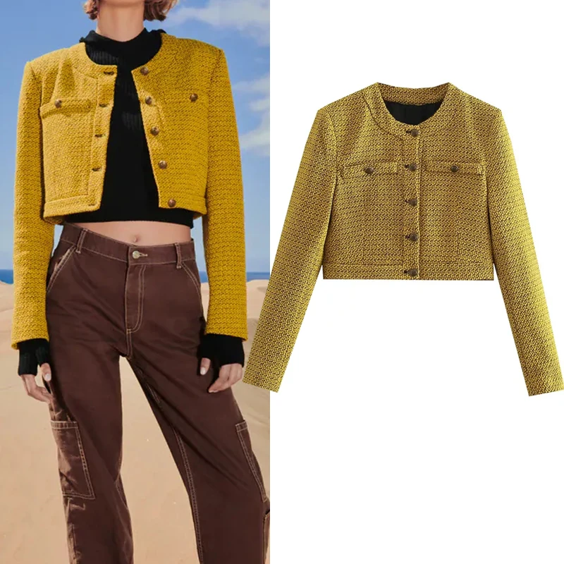 

TRAF Za 2021 Yellow Cropped Blazer Women Textured Tweed Blazer Woman Autumn Office Elegant Long Sleeve Button Short Jacket