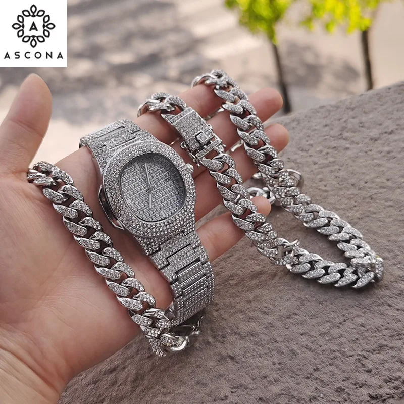 

Цепочка Из кубинской цепи и браслет и часы в стиле хип-хоп