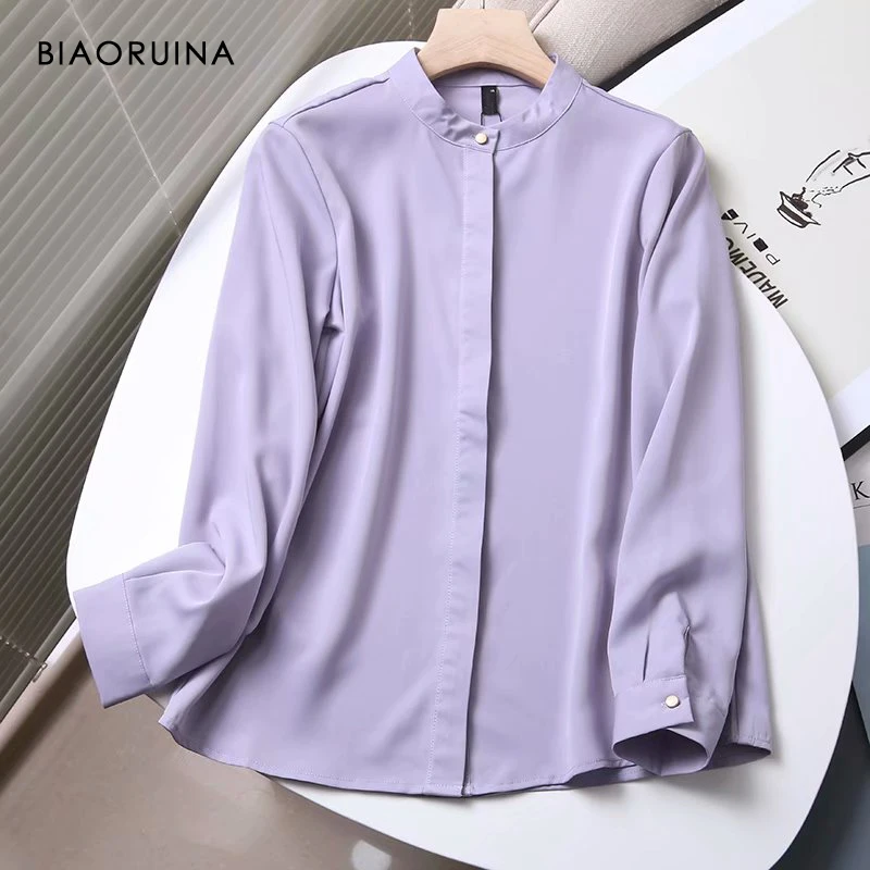 

BIAORUINA Women's Spring Autumn Office Lady Elegant Single Breasted Loose Shirt Round Neck Female All-match Casual Blouse Tops