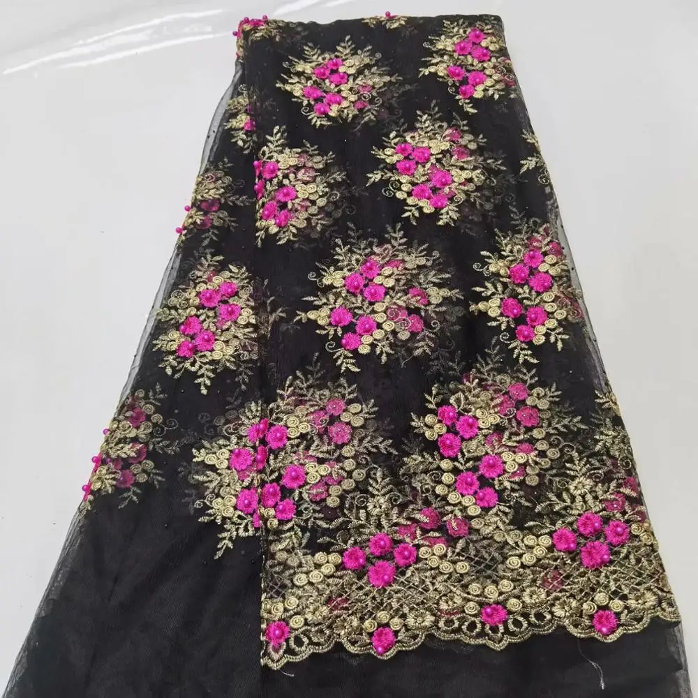 

Black pink African Beaded Lace Fabric High Quality Lace Material / French Lace Fabric Nigerian Tulle Mesh Lace Fabrics FW1020