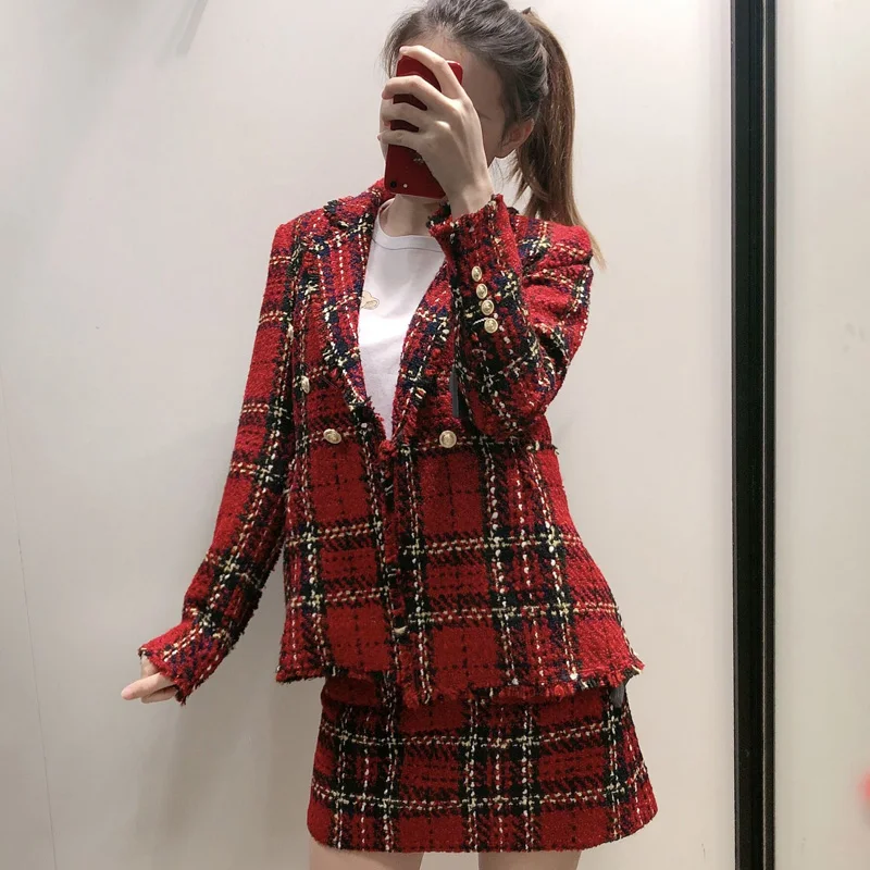 Зимний винтажный Красный твидовый блейзер для женщин клетчатое пальто толстый