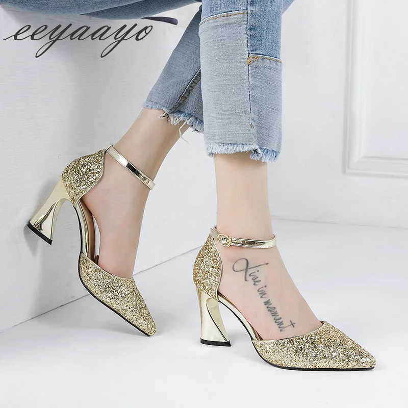 Женские сандалии с ремешком на щиколотке свадебные туфли золотистого цвета