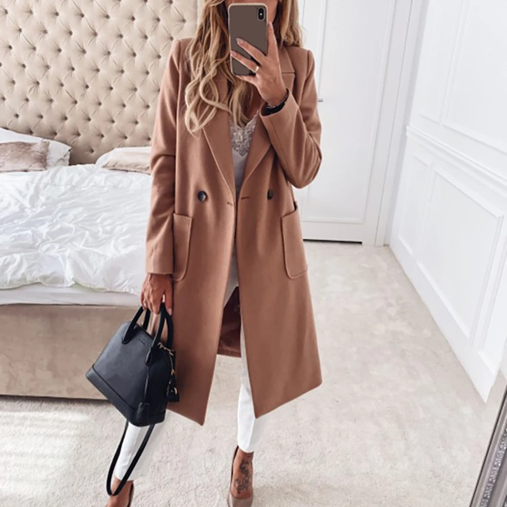 

Women Autumn Winter Lapel Collar Buttons Pockets Long Coat Warm Jacket Overcoat