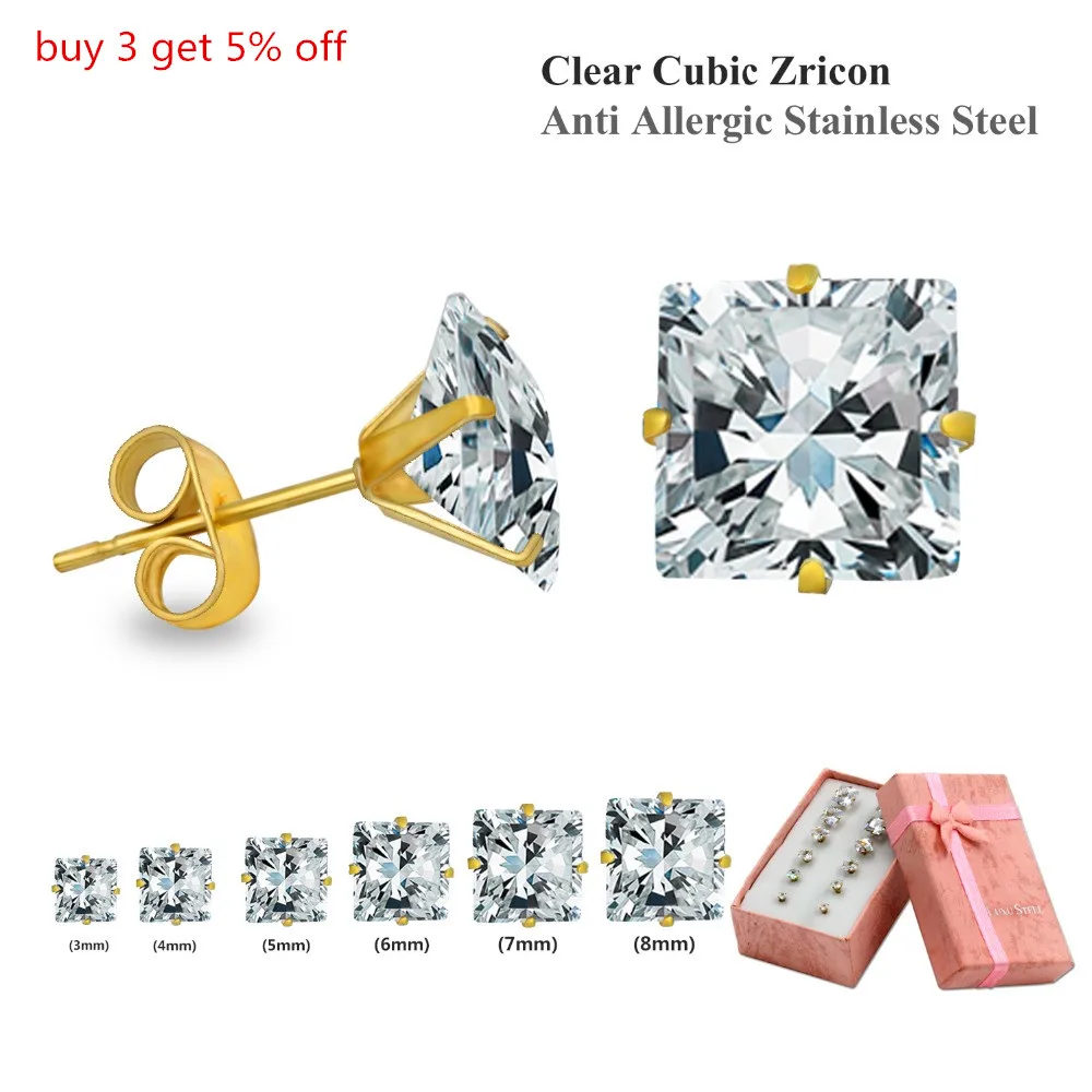 Роскошные серьги гвоздики из нержавеющей стали с цирконием 3 8 мм 6 пар/кор.