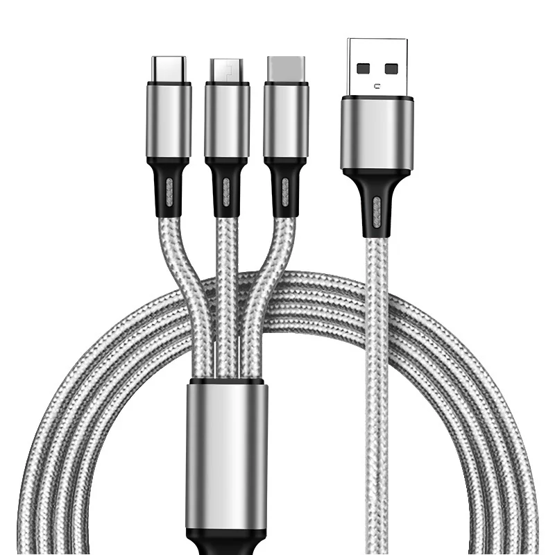 3 в 1 тройной кабель для Apple+ type-C+ Micro USB кабель для зарядки мобильного телефона Android для iPhone iPad смартфон - Цвет: Серебристый