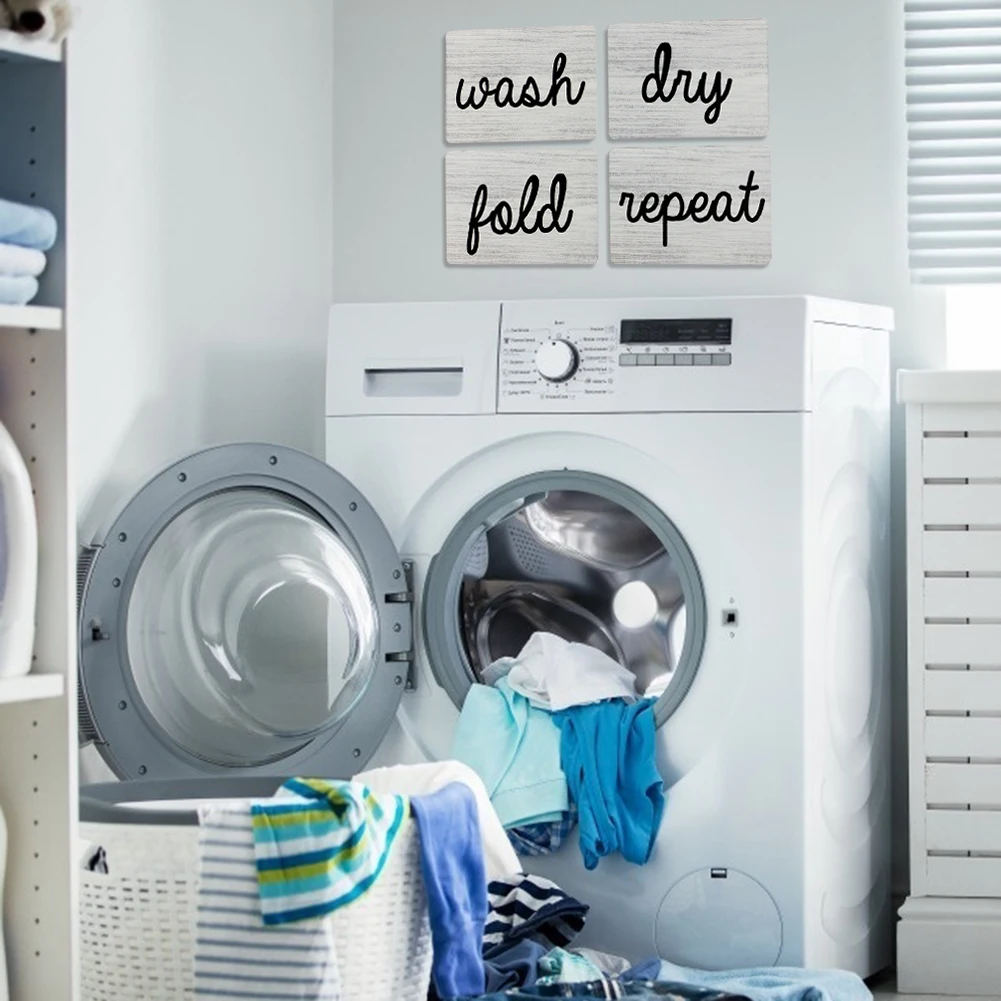 

4pcs Laundry Room Decor Board Wash Fold Dry Repeat Mini Signs Farmhouse Sign Framed Wood Laundry Shelf Adornment