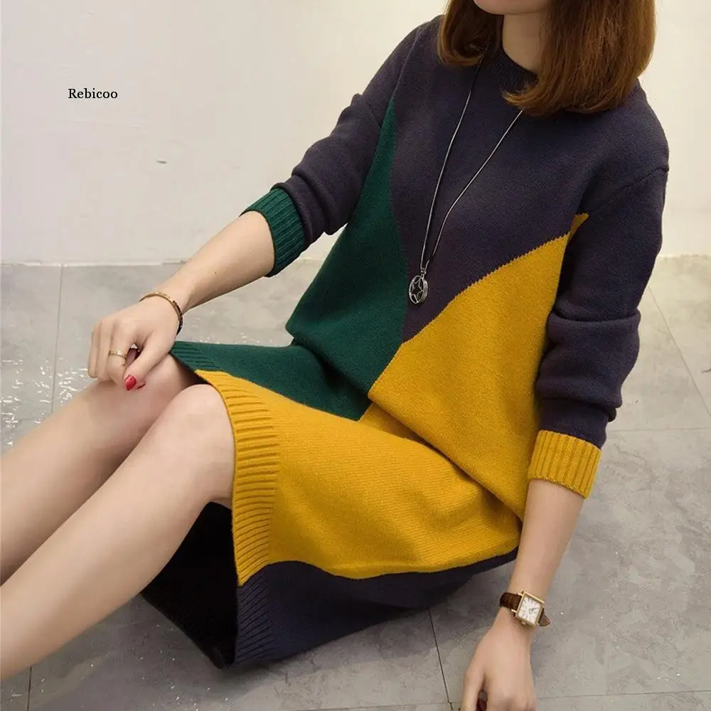 

Long Sweater Dress Women Autumn Winter Warm Mid Dress Ladies Casual Knitted Pullover Sweater Dresses Pull Femme