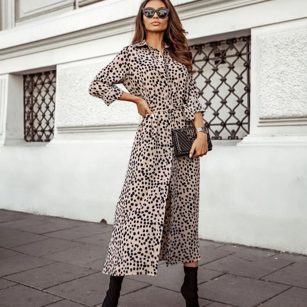 

Vintage Leopard Print Midi Dress Woman Autumn Fashion Long Sleeve Polka Dot Dresses For Women 2021 Casual Boho Shirt Robe Femme