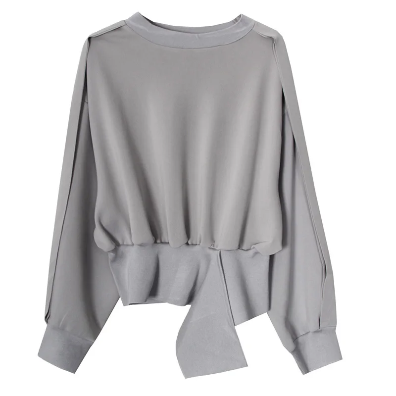

LANMREM Loose Fit irregular Gray Sweatshirt New Round Neck Long Sleeve Women Big Size Fashion Tide Spring Autumn 2021 2E1367