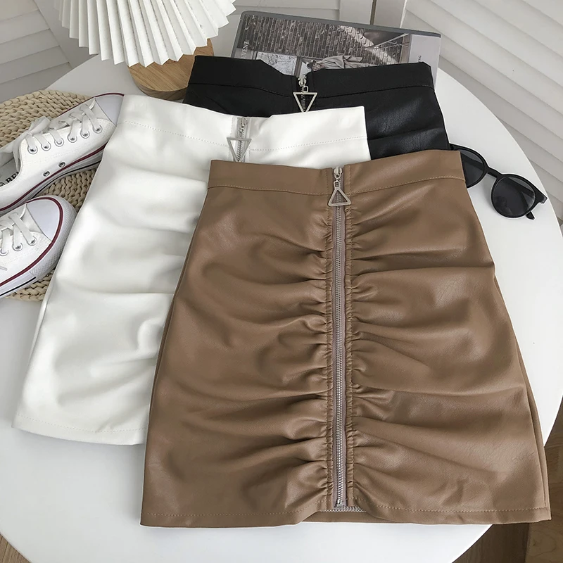 

Ruffled triangle zipper solid color skirt female autumn/winter 2021 Korean retro anti-glare short skirt