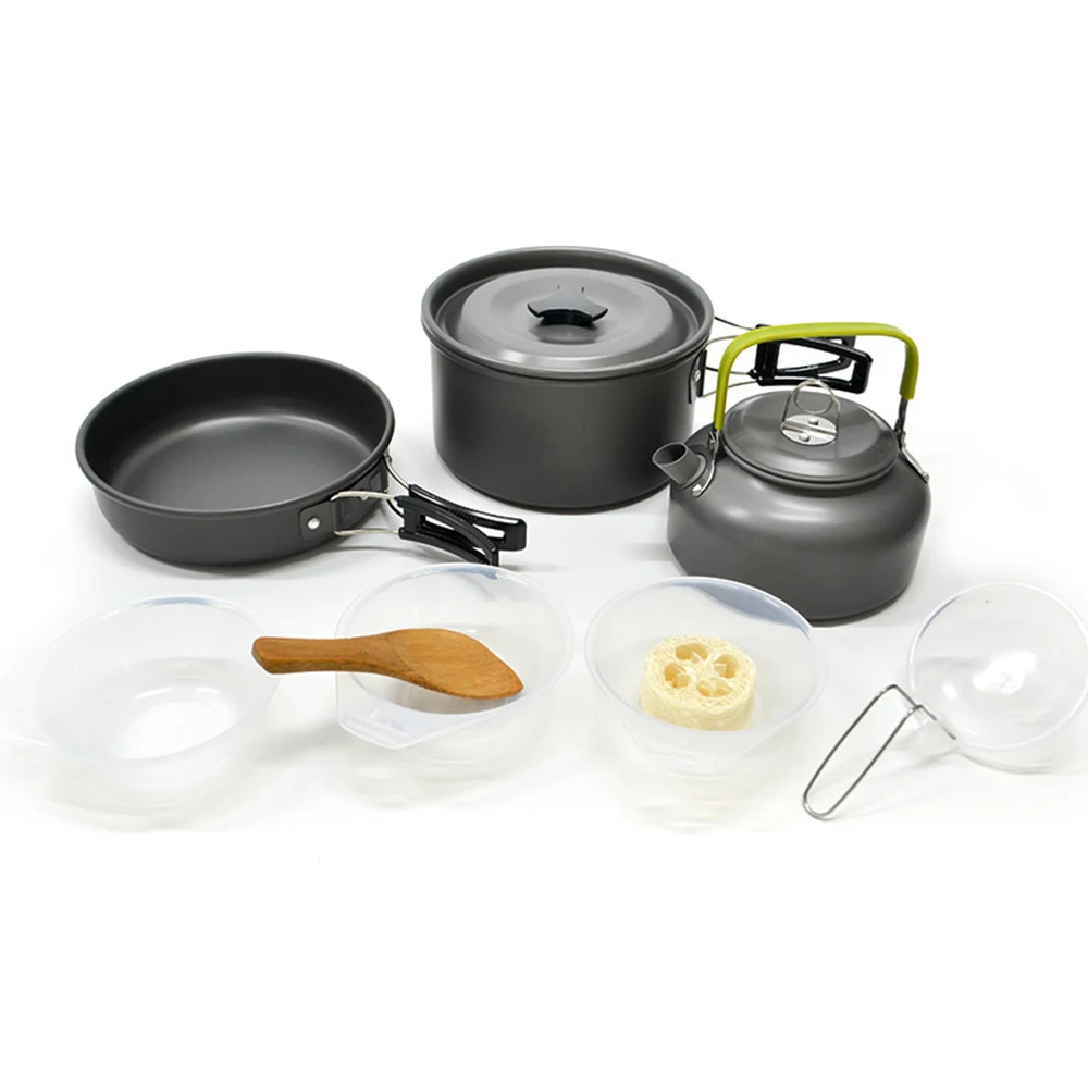 

Desert&Fox Outdoor Pots Pans Camping Cookware Mess Kit Picnic Cooking Set Non-stick Tableware Teapot 2-4 Person Camp Equipment