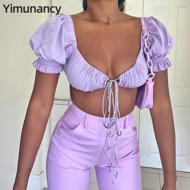 Кроп топ Yimunancy на шнуровке Женский пикантный с пышными рукавами модель 2020 года