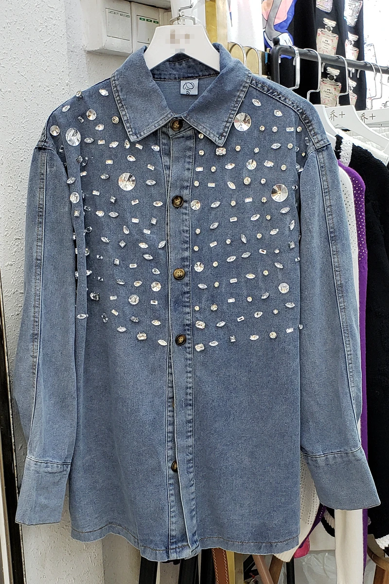 

European Style Heavy Industry Diamond Crystal Jeans Jacket Women Spring Fashion Denim Jacket with Belt