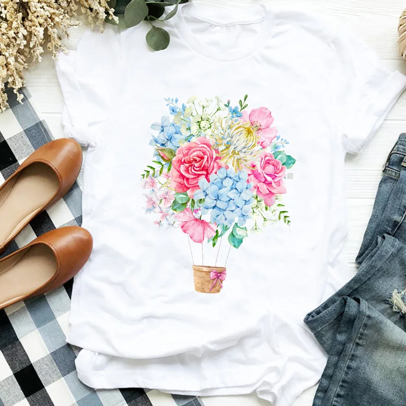 

Women Lady Floral Hot Balloon Watercolor Flower Cute Cartoon Print T Tee Womens Tshirt Female Shirt Clothes Top Graphic T-shirt
