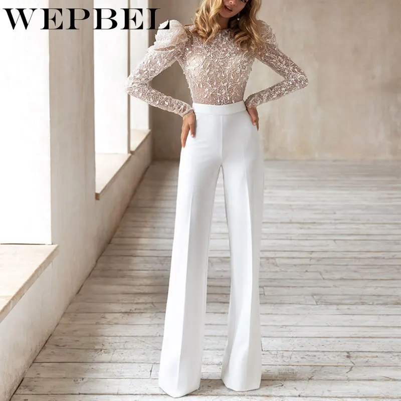 

Женский комбинезон с блестками WEPBEL, элегантный повседневный сетчатый комбинезон с длинными пышными рукавами и круглым вырезом