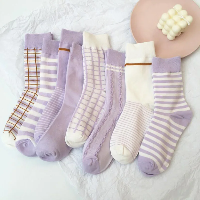 

1 Pair Japanese Lattice & Vertical Stripes Harajuku Women/Men Fashion Causal Socks Autumn Winter Classic Purple Socks