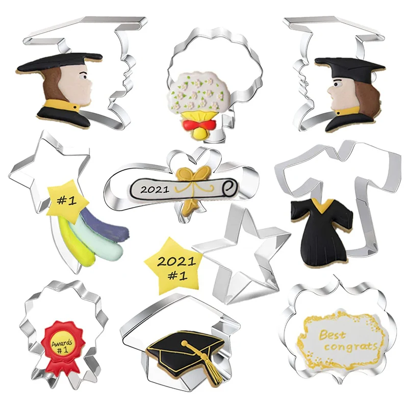 

10 Pieces Graduation Cookie Cutters, Stainless Steel Molds Graduation Cap, Gown, Diploma, Graduate and Star,Bouquet