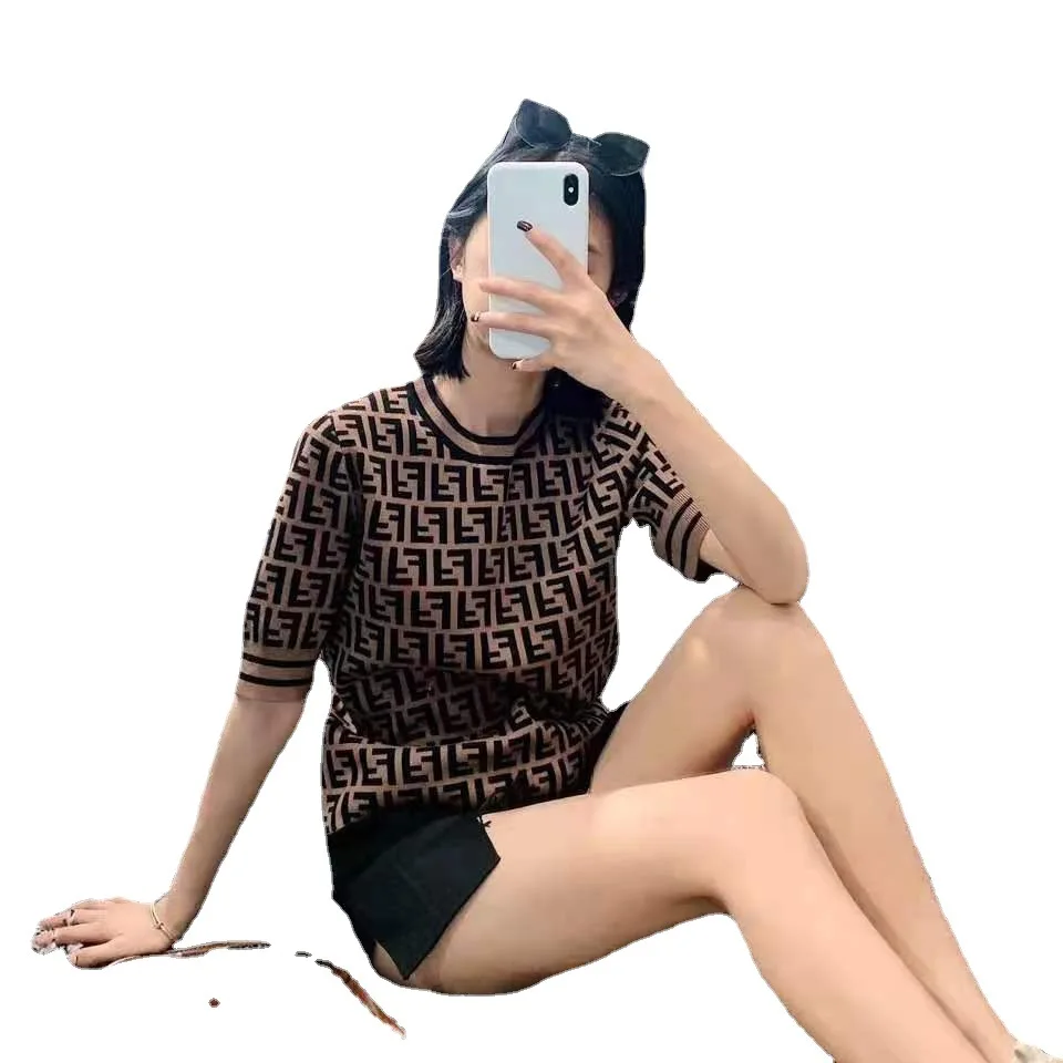 

2021 Spring and Summer New Five-point Sleeve Pullover Sweater Short-sleeved Women's Slim Ladies Sweater Bottoming Letter T-shirt