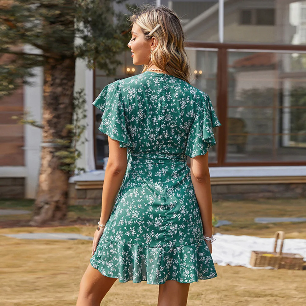 

Ladies New Fashion Dresses V-Neck High-Waisted Short Chiffon Dress 2021 Summer Ruffles Print Mini Women's Dress