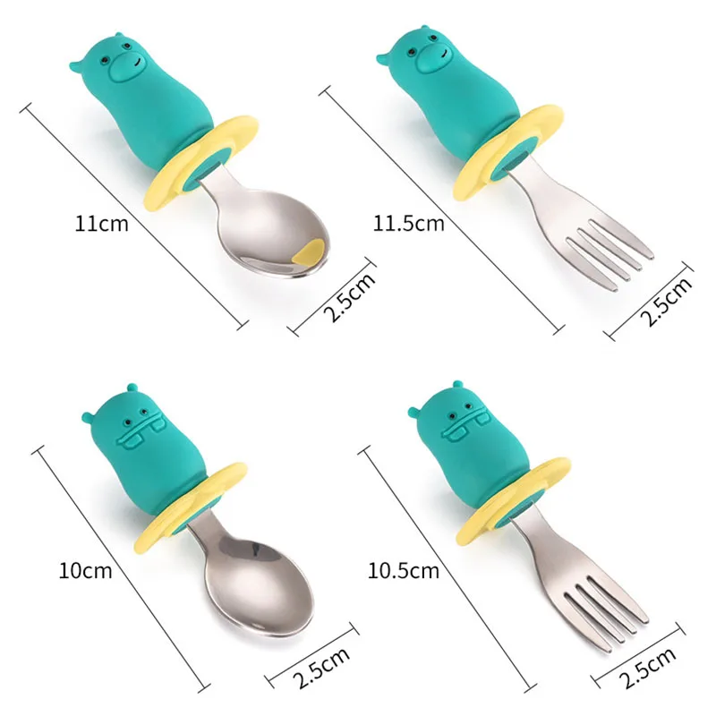 Juego de 2 unids/set de cuchara de alimentaci&oacute;n infantil, tenedor de f&aacute;cil agarre, vajilla suave con patr&oacute;n de dibujos animados para beb&eacute;, vajilla de silicona/acero inoxidable 316 para beb&eacute;-1