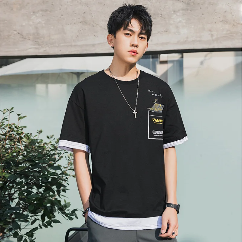 

2021 Summer New Trendy Brand Pure Cotton Casual Men's T-Shirt Stitching Fake Two Loose And Enlarged Short-Sleeved T-Shirts
