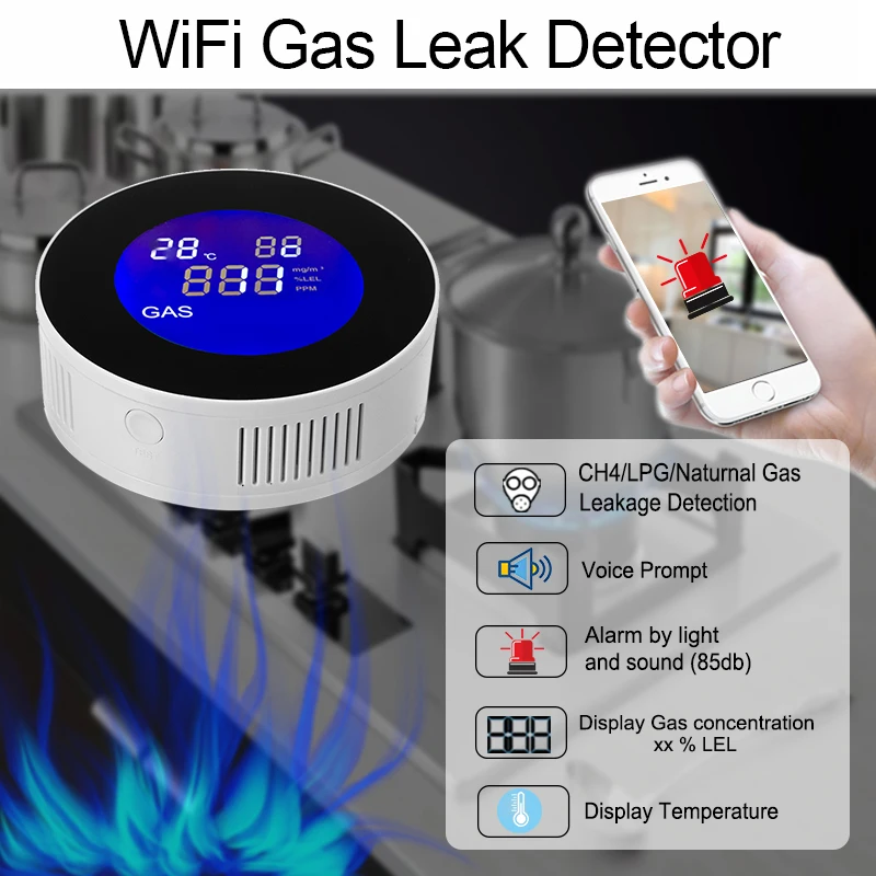 Умный датчик газовой сигнализации Tuya, Wi-Fi, датчик температуры горючих газов с ЖК-дисплеем, работает с приложением Smart Life от AliExpress WW