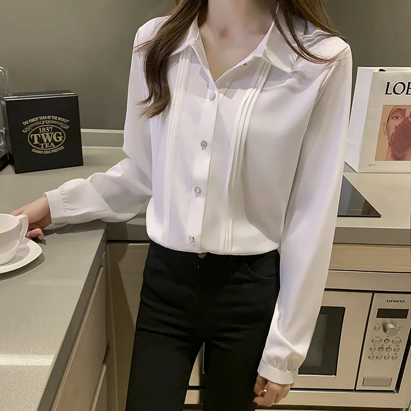 Womens Tops and Blouses Spring 2021 Fashion Cardigan Shirt Long Sleeve Turn-down Collar Chiffon Shirt Tops