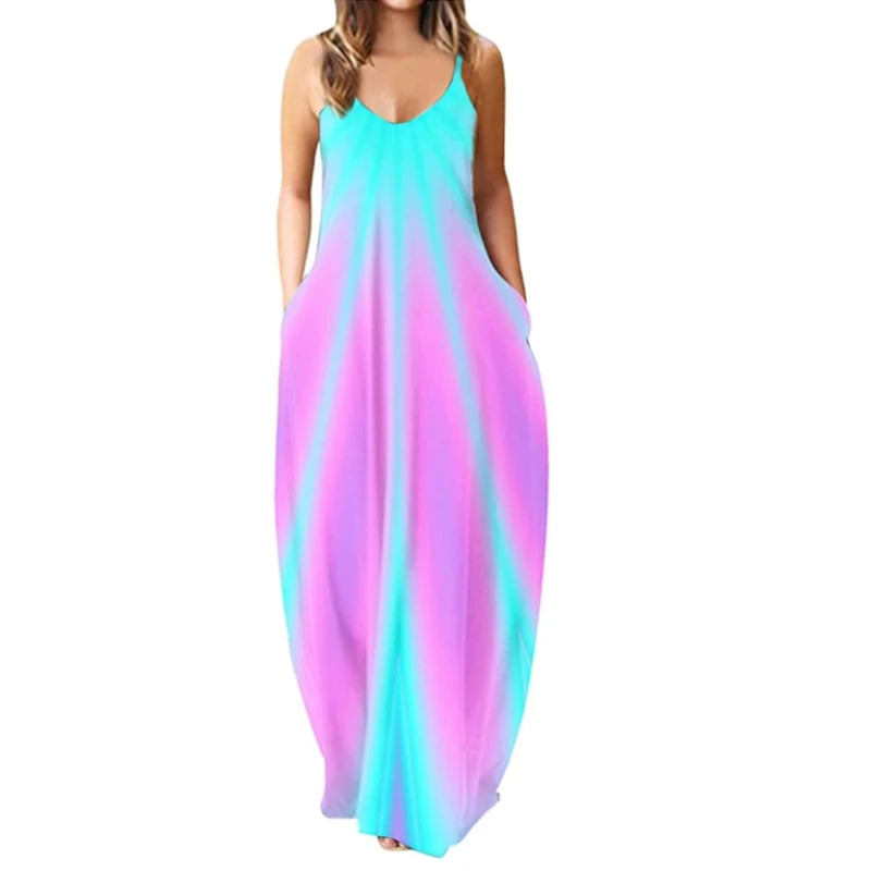 

L5YC Women Sleeveless Sexy V-Neck Maxi Dress Gradient Butterfly Pockets Cami Sundress