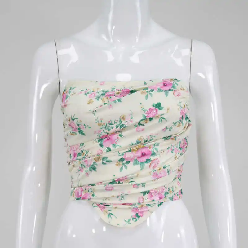 

Lemon Floral Print Corset Sexy Strapless Crop Tops Boned Backless Cropped Feminino Tube Top Elegant Garden Parties