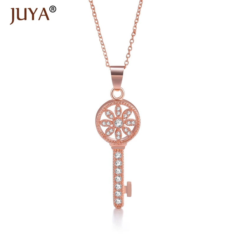 fashion statement necklaces for women Luxury Jewelry Copper Zircon Rhinestone Key Pendants Necklace Silver Femme
