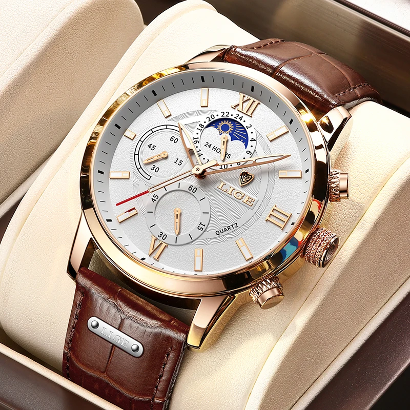 

2021 New Mens Watches LIGE Top Brand Leather Chronograph Waterproof Sport Automatic Date Quartz Watch For Men Relogio Masculino