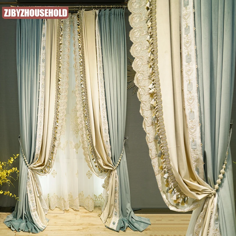

Luxurious French New haze blue living room curtain velvet embroidery Beige splicing simple bedroom shading Villa curtain living