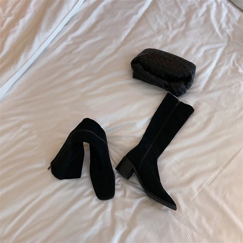 

Meotina Knee High Boots Women Shoes Square Toe Block Heels Long Boots Zipper High Heel Ladies Boots Autumn Winter Black Size 40