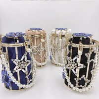 crystal rhinestones star evening clutch bag luxury round pearl hollow out purse ladies chain circular small handbag high quality