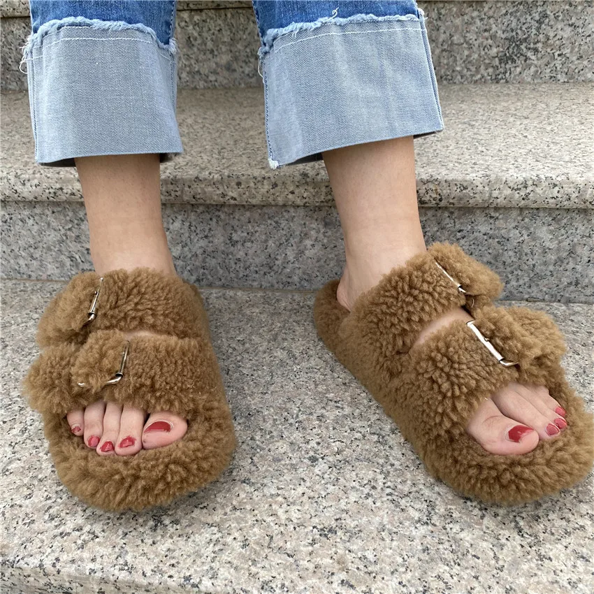 

2021 Warm Fluffy Slippers Women Slipper With Fur And Stones Autumn Winter Home Flat Shoe Women For Casual Flip Flops