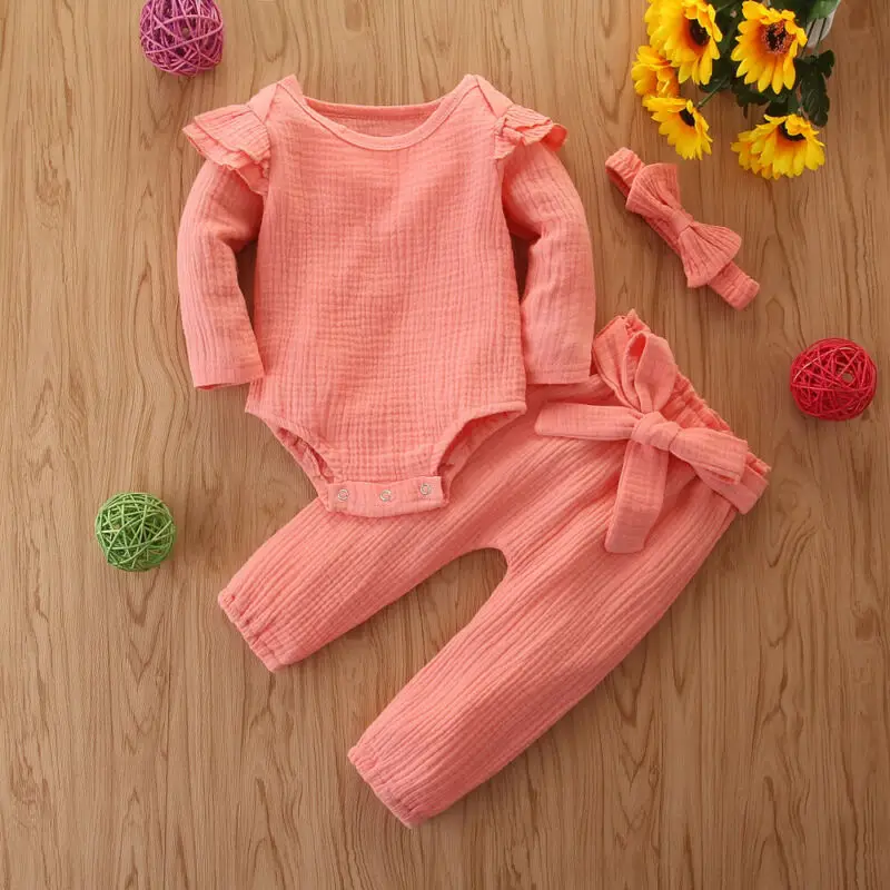 

Infant Baby Boy Girl Christmas Cotton Clothes Set Autumn Winter Warm Solid Color Ruffles Rompers Long Belt Pants Clothes Outfits