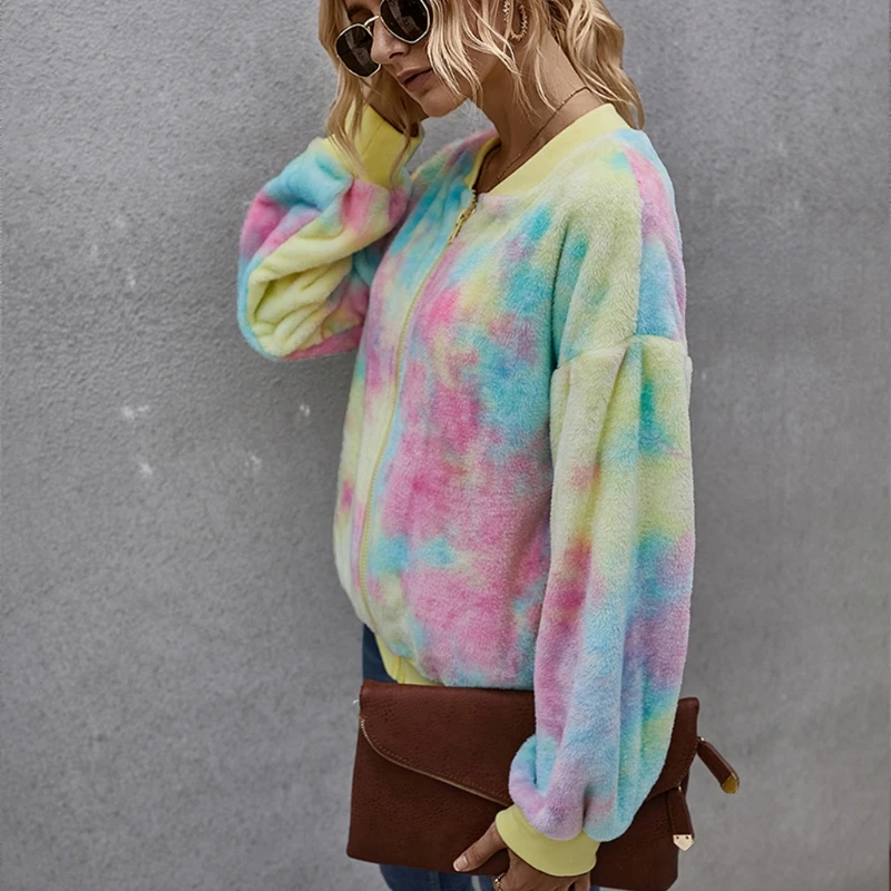 

Women Tie Dye Print Faux Fur Coat Long Sleeve Zipper Tops Casual Winter Warm Jacket Outwear