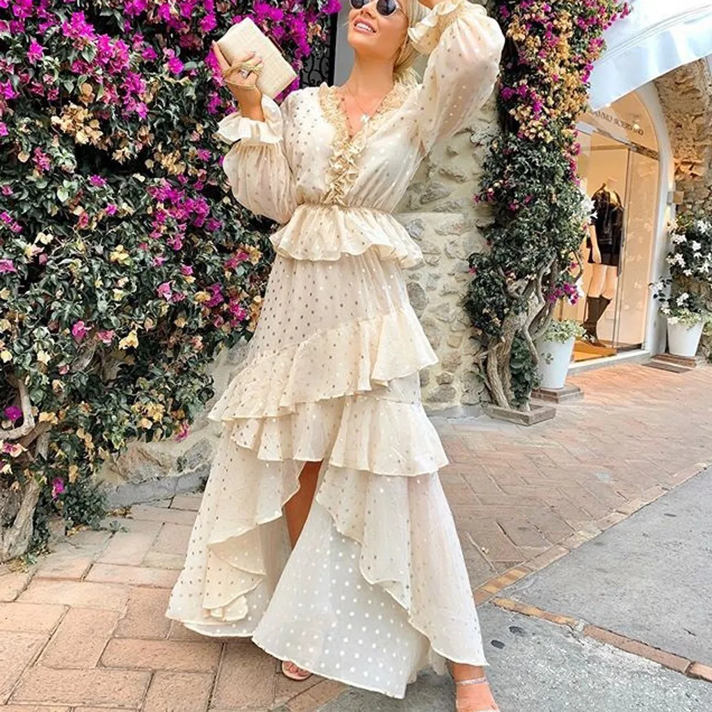 Женское винтажное платье макси в горошек с запахом V образным вырезом и