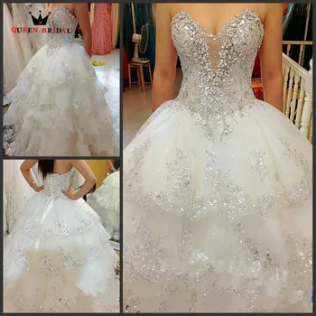 Luxurious Wedding Dresses Ball Gown Sweetheart Fluffy Lace Beaded Crystal Diamond Big Train Bridal Gowns 100% Real Photo QB11S