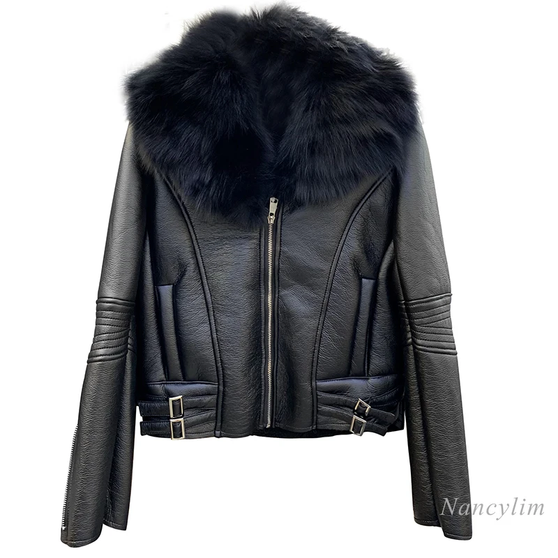 

Short Pu Jacket Real Fox Fur Collar Slim Fit Motorcycle Clothing Fleece Leather Coat Women 2020 Autumn and Winter Short Design