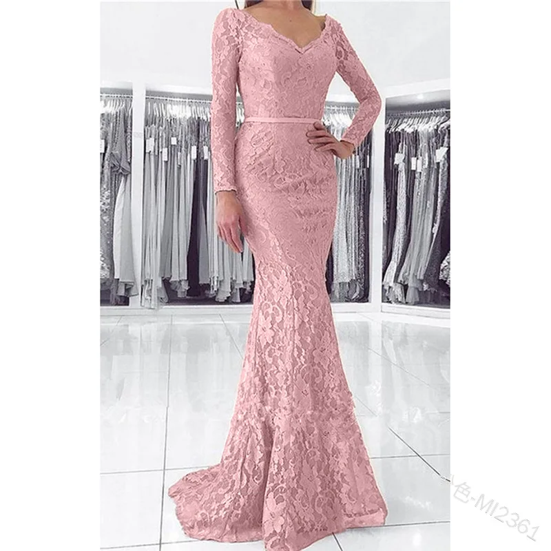 

2021 New Fashion Sexy Elegant Evening Dress Lace Deep V Fishtail Long Sleeve Dress Maxi Dresses for Women Dresses