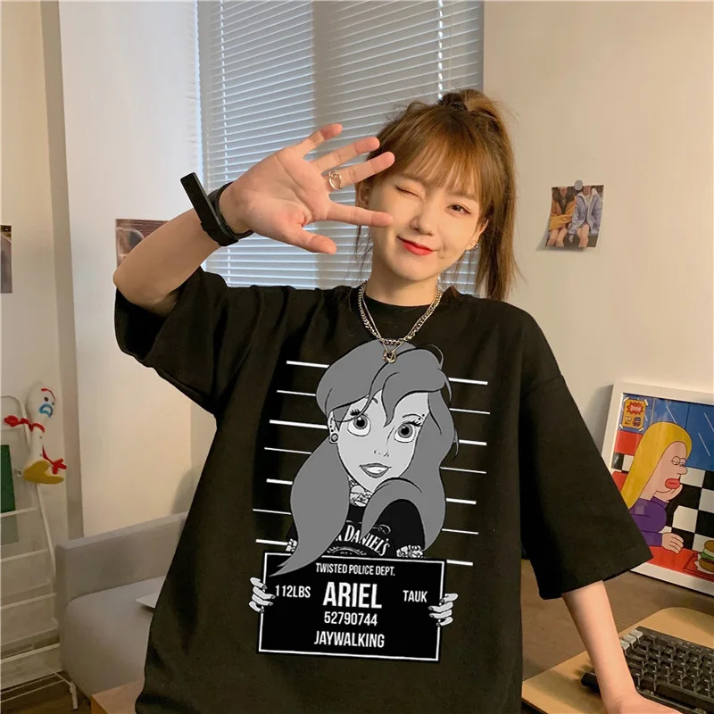 

Disney Fashion Mermaid Princess Harajuku Cartoon Print Women T-Shirt Casual O-Neck Pullover Short Sleeve Loose Tee Tops