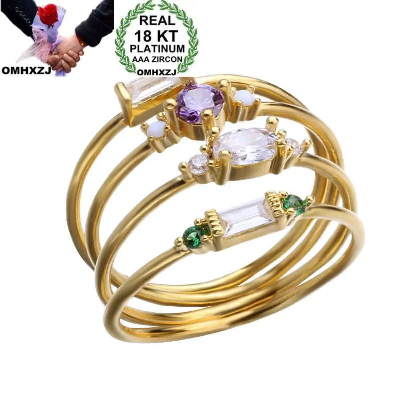 

OMHXZJ Wholesale European Fashion Woman Girl Party Wedding Gift Slim Colorful AAA Zircon 18KT Yellow Gold Ring Set RR736