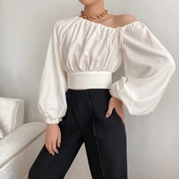 white oblique shoulder lace up lantern long sleeve elastic waist ruched crop top fashion shirt 2021 new spring autumn womens
