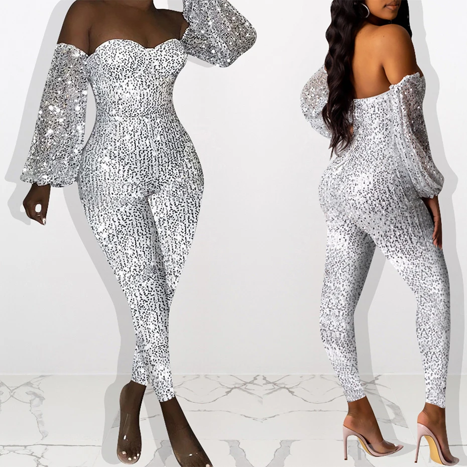 HAOYUAN Sexy Sequin Jumpsuit Women Off Shoulder Lantern Sleeve Overalls Romper One Piece Outfit Streetwear Rave Bodycon Jumpsuit