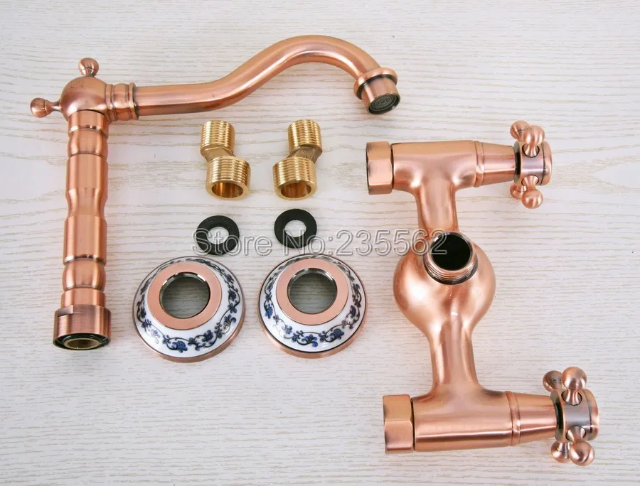 

Antique Red Copper Bathroom Kitchen Sink Basin Faucet Mixer Tap Swivel Spout Wall Mounted Dual Cross Handles Lnf942